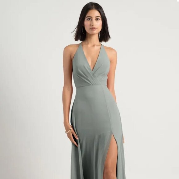 NEW Jenny Yoo Bryce Chiffon Backless Maxi Dress in Moss - Picture 1 of 9